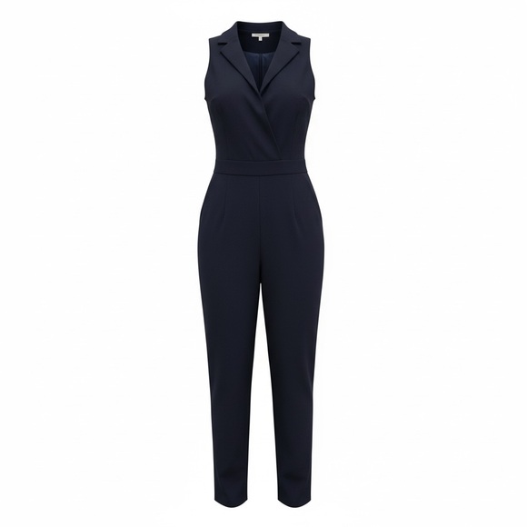 Trina Turk Navy Sleeveless Zip Front Jumpsuit 12 NWT Notched Collar Ponte Knit - Picture 2 of 9